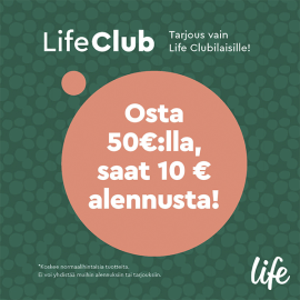 oimassa vain Life Club -asiakkaille, ja norm.hint. tuotteista 21-27.10.24 välisenä aikana. Tarjousta ei voi yhdistää muihin kampanjoihin ja sitä ei voi käyttää elektronisiin laitteisiin, Aqva-tuotteisiin tai lahjakortteihin