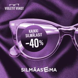 Silmäasemalla on nyt violetit viikot. Juuri nyt silmälasit -40% sisältäen kehykset ja linssit. Ilmainen näöntutkimus silmälasien ostajalle. Tervetuloa - myymälä täynnä huipputarjouksia!