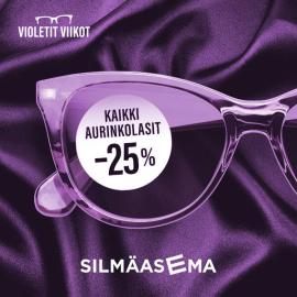 Silmäasemalla violettien viikkojen kunniaksi aivan kaikki aurinkolasit joko voimakkuuksilla tai ilman 25 prosentin alennuksella. Tervetuloa - myymälä täynnä huipputarjouksia.