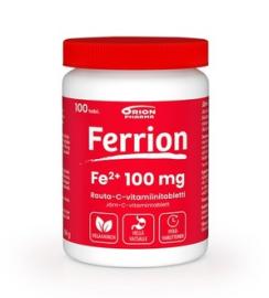 Ferrion 100 mg on vahva, pitkävaikutteinen rauta -ja C-vitamiinivalmiste, jossa rauta on vatsaystävällisessä ja hyvin imeytyvässä bisglysinaattimuodossa. 